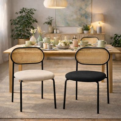 HAGO® Esszimmerstühle 2er Set Küchenstuhl Beige Schwarz Rattan Rückenlehne Stahl