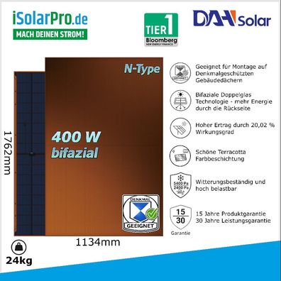 400W DAH Solar DHN-48Z16/DG(RR) bifaziales Glas/Glas Terracotta Solarmodul