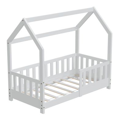 HAGO® Kinderbett 70x140 Weiß Hausbett Dach Kiefer Rausfallschutz Lattenrost Holz