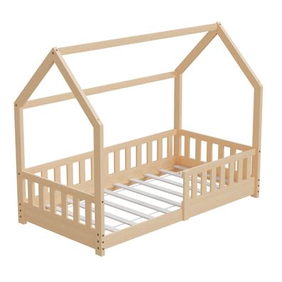 HAGO Kinderbett 80x160 Natur Hausbett Dach Kiefer Rausfallschutz Lattenrost Holz