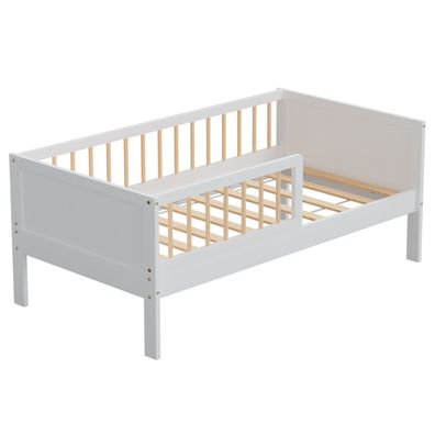 HAGO® Kinderbett 140x70cm Natur/Weiß Holzbett Einzel Rausfallschutz Beistellbett