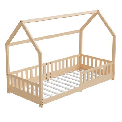 HAGO Kinderbett 90x200 Natur Hausbett Dach Kiefer Rausfallschutz Lattenrost Holz