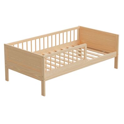 HAGO® Kinderbett 160x80cm Natur Holzbett Einzel Rausfallschutz Beistellbett