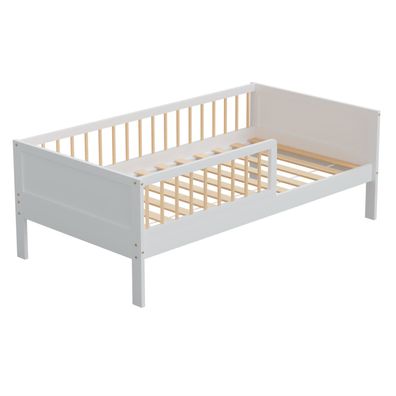 HAGO® Kinderbett 160x80cm Weiß/Natur Holzbett Einzel Rausfallschutz Beistellbett