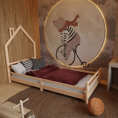 HAGO® Kinderbett Hausform 90x200 Spielbett Rausfallschutz Kiefer Natur Lattenros