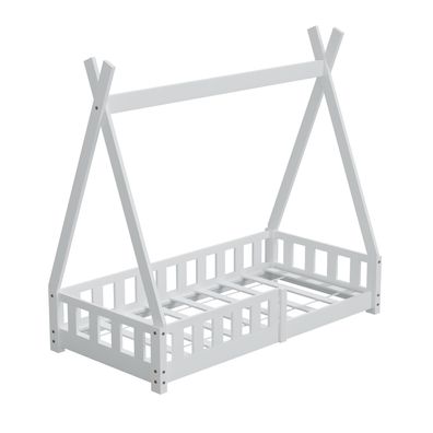 HAGO Kinderbett Tipi Bett Holzhaus 140x70 Rausfallschutz Lattenrost Kiefer Weiß