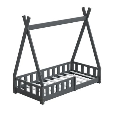 HAGO Kinderbett Tipi Bett Holzhaus 140x70 Rausfallschutz Lattenrost Kiefer Grau