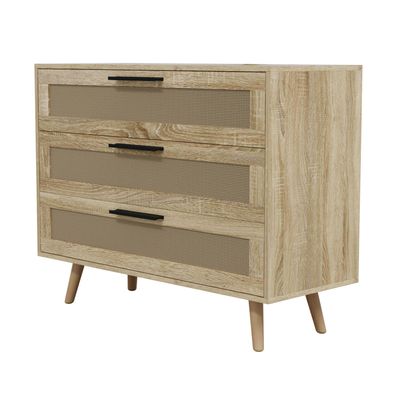 HAGO Kommode 3 Schubladen Rattan Holz Anrichte Eiche Sonoma 100x77x40 Sideboard