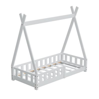 HAGO Kinderbett Tipi Bett Holzhaus 160x80 Rausfallschutz Lattenrost Kiefer Weiß