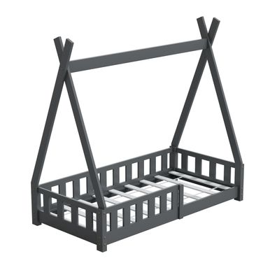HAGO Kinderbett Tipi Bett Holzhaus 160x80 Rausfallschutz Lattenrost Kiefer Grau