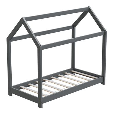 HAGO® Kinderbett 70x140cm Grau Holz Hausoptik Lattenrost Montessori Bodentief