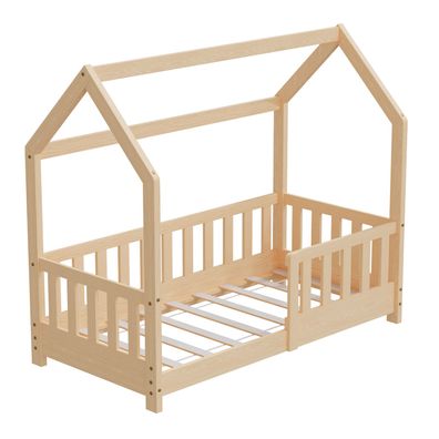 HAGO Kinderbett 70x140 Natur Hausbett Dach Kiefer Rausfallschutz Lattenrost Holz