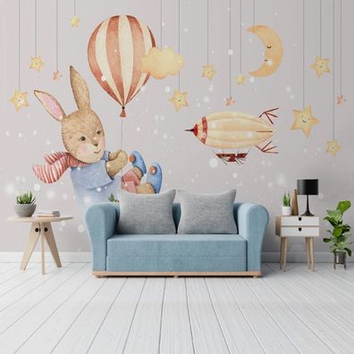 Fototapete Kinderzimmer Cartoon Hase Ballon Wanddeko Babyzimmer Modern 10454