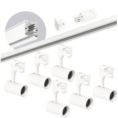 Schienensystem Komplett-Set6x GU10 Spots 2m Schiene + Stromversorgung + Kappe WEISS