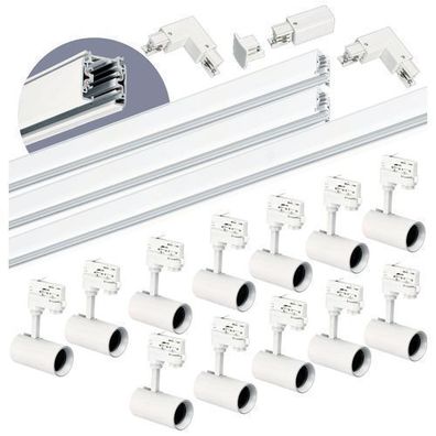 Schienensystem Komplett-Set 12x Lampe und 2x1m + 2m Schiene, Verbinder L Weiß