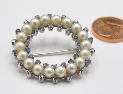 Weißgold Brosche Nadel groß Akoja Perle Safir Kranz 750 Gold Massiv Neu wertig