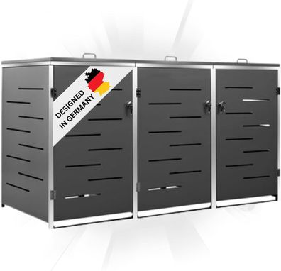 3er Mélltonnenbox JAGU Edelstahl Anthrazit 115x207x77,5cm Mélltonnenverkleidung fér 3