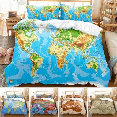 Weltkarte 3D-Druck Bettbezug Kissenbezuge 2/3pcs Bettwasche-Set Single Double