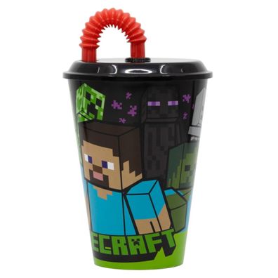 Minecraft Trinkbecher 430 ml mit Deckel und Strohhalm