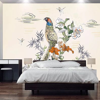 Fototapete Asiatische Blumen Vogel Bambus Wanddeko Wohnzimmer Schlafzimmer 10473