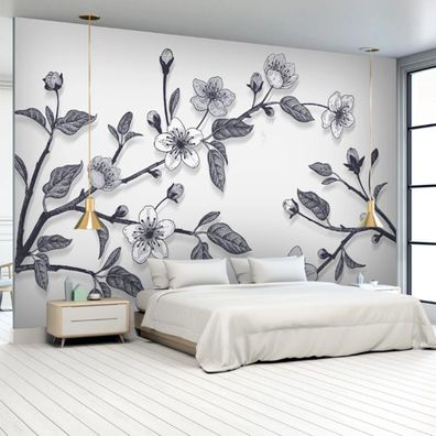 Fototapete Modern - Grau Pflanzen Schwarz Weiß Hintergrund Wandbild 10476