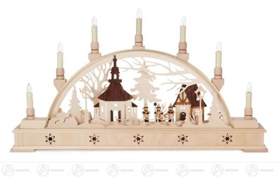 Schwibbogen mit Seiffener Kirche und Kurrende elektr. beleuchtet 64cmx36cmx7,5cm