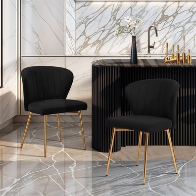 2er Set Esszimmerstühle Samt, Polsterstuhl mit Rückenlehne & goldenen Beinen