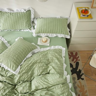 Bettwasche 200x230cm Grun mit Weib Ruschen Elegant Bettbezug Kissenbezug OL