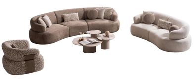 Braun-Beiges Sofa-Set Stilvoller Dreisitzer Textilsessel Holztisch