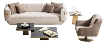 Beige Sofagarnitur Designer 4-Sitzer Textilsessel Schwarze Tische