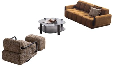 Modernes Wohnzimmer-Set Polstersofa Textilsessel Hocker Holztisch