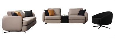 Elegante Weiß-Schwarze Sitzgarnitur Textilsofas Designer Sessel