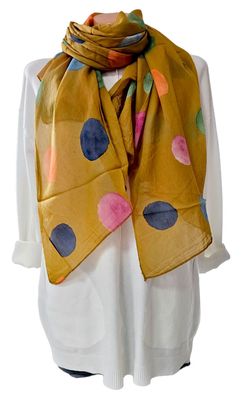 Italy Blogger Schal Tuch Halstuch Seide/Baumwolle asymetrisch bunte Punkte Curry