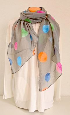 Italy Blogger Schal Tuch Halstuch Seide/Baumwolle asymetrisch bunte Punkte Taupe
