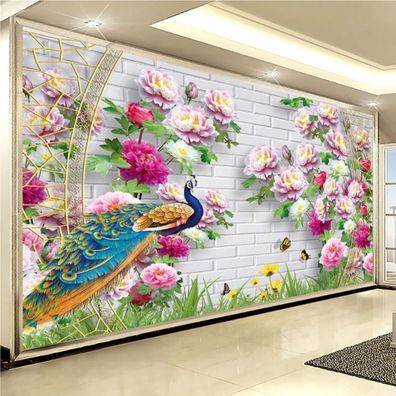 Fototapete Pfingstrose & Pfau Wanddeko Wohnzimmer Schlafzimmer Modern 10521