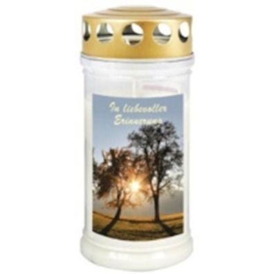 Gedenkkerze klein, Baumpaar/In liebevoller Erinnerung mit Golddeckel, Brenndauer bis