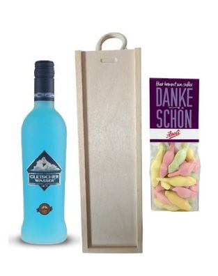 Geschenk Gletscherwasser Likör 0,5 Liter mit Holzbox und Tragekordel Dankeschön Mäuse