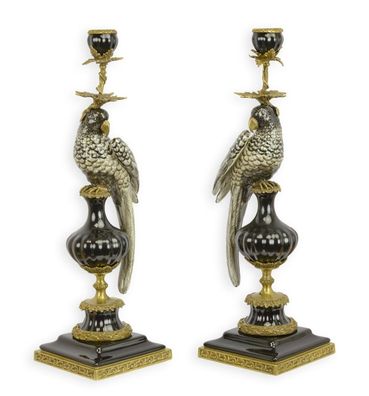2 Kerzenständer Papagei Porzellan und Bronze Replikat Retro Design Dekoration