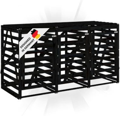 3er Mülltonnenbox Kiefernholz BOUMI 240x91,5x128,5cm Schwarz Mülltonnenverkleidung
