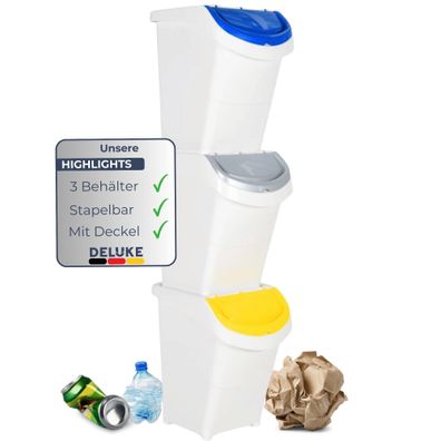 3er Set Abfallbehälter Deckeln 3x40L Stapelmülleimer Abfalleimer Küche Mülleimer 3