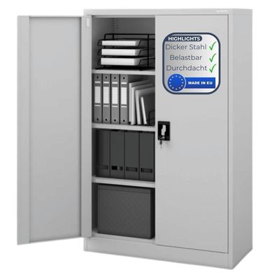 Aktenschrank abschließbar KADO 140x90x40cm Grau 4 Ebenen verstellbar Flügeltüren
