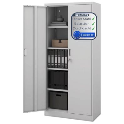 Aktenschrank abschließbar KADO 175x80x40cm Grau 5 Ebenen verstellbar Flügeltüren