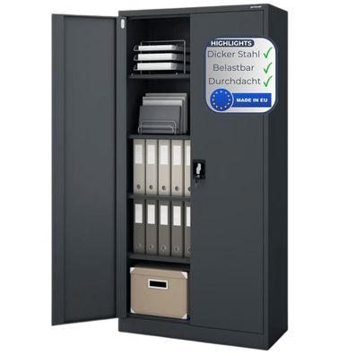 Aktenschrank abschließbar KADO 195x90x40cm Anthrazit 5 Ebenen verstellbar Flügeltüren