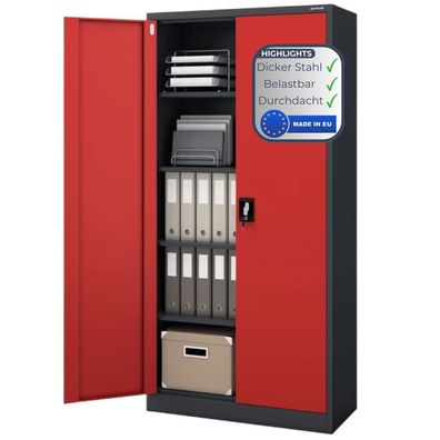 Aktenschrank abschließbar KADO 195x90x40cm Anthrazit-Rot 5 Ebenen verstellbar