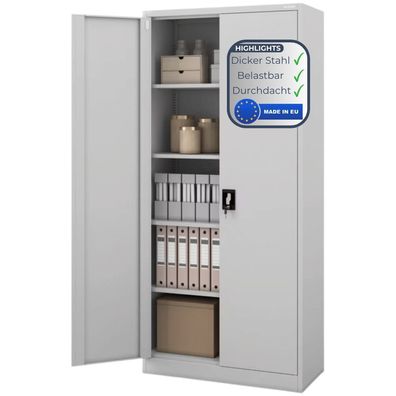 Aktenschrank abschließbar KADO 195x90x40cm Grau 5 Ebenen verstellbar Flügeltüren