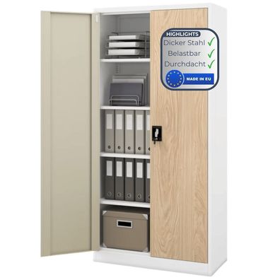 Aktenschrank abschließbar KADO 195x90x40cm Weiß-Sonoma Eiche 5 Ebenen verstellbar