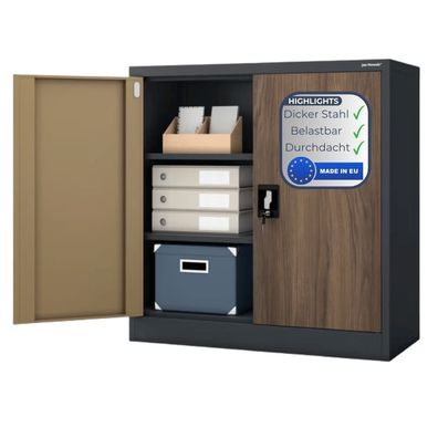Aktenschrank abschließbar KADO 93x90x40cm Anthrazit-Nussbaum 3 Ebenen verstellbar