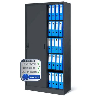 Aktenschrank abschließbar ROLF 185x90x40cm Anthrazit Schiebetüren 5 Ebenen