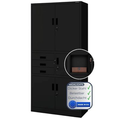 Aktenschrank abschließbar GEDO 185x90x40cm Schwarz mit Tresor & SchubladenBüroschrank