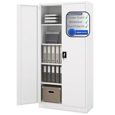 Aktenschrank abschließbar KADO 195x90x40cm Weiß 5 Ebenen verstellbar Flügeltüren